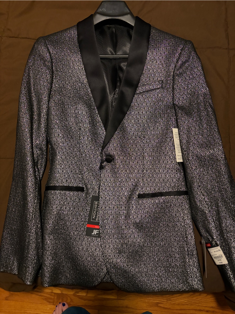 jf j.ferrar Silver-Gray Patterned Men's Tuxedo Blazer with Black Satin Lapel